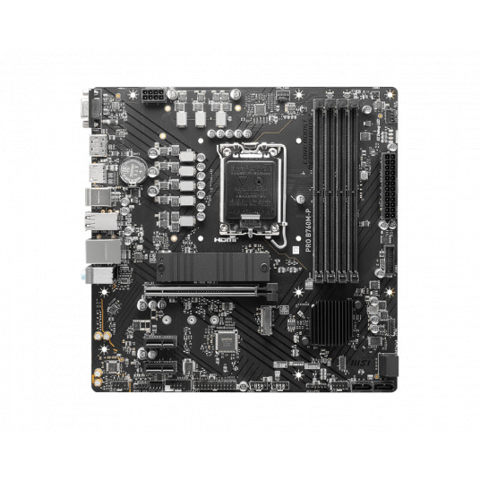 MSI PRO B760M-P Procesoru saime Intel, Procesora ligzda LGA1700, DDR5 DIMM, Atmiņas sloti 4, Atbalstītie cietā diska interfeisi SATA, M.2, SATA savienotāju skaits 4, Chipset Intel B760, mATX