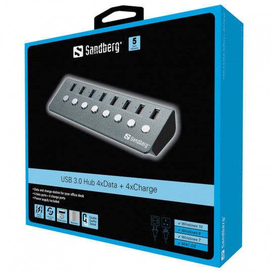 Sandberg 133-94 USB 3.0 centrmezgls, 4xData + 4xCharge