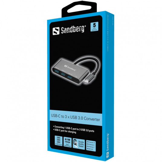 Sandberg 136-03 USB-C līdz 3xUSB 3.0 centrmezglam + PD