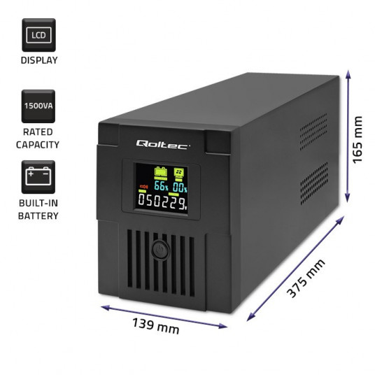 Qoltec 53770 interaktīvā nepārtrauktās barošanas līnija | Monolīts | 1500VA | 900W | LCD | USB