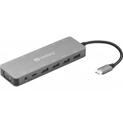 Dokstacija Sandberg USB-C > 4xUSB/2xUSB-C/2xHDMI/VGA/Ethernet/Audio/Kartenleser Grey