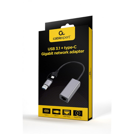 Gembird A-USB3AC-LAN-01 USB 3.1 + C tipa Gigabit tīkla adapteris, pelēks
