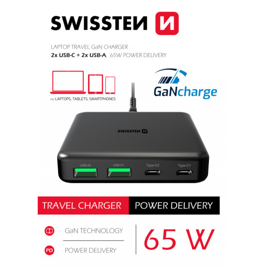 Swissten Desktop GaN lādētājs 2x USB-C / 2x USB / 65W
