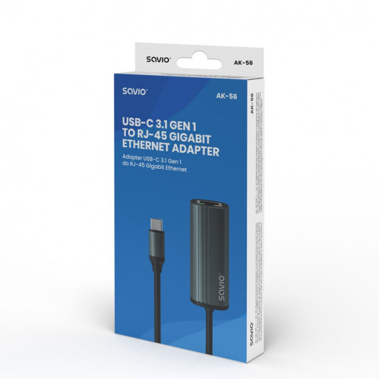 SAVIO adapteris USB-C 3.1 Gen.1 (M) — RJ-45 Gigabit Ethernet (F), 1000 Mb/s, AK-56, pelēks