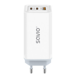 SAVIO LA-07 GaN 65 W tīkla lādētājs, USB, QC4.0+, PD 3.0, balts