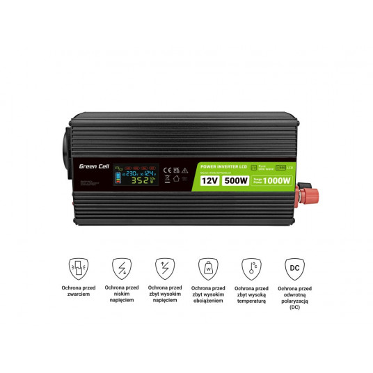 Jaudas invertors Green Cell PowerInverter LCD 12 V 500W/1000W Przetwornica samochodowa z displazaiem - czysty sinus