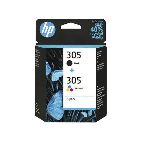 HP 305 2 iepakojumu trīskrāsu/melna oriģinālās tintes kasetne
