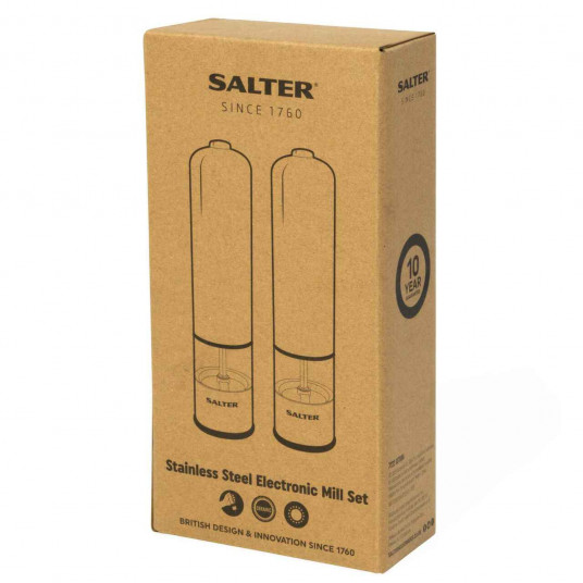 Salter 7722 SSTURA nerūsējošā tērauda elektroniskais sāls un piparu dzirnaviņu komplekts