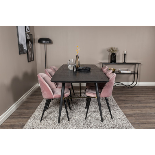 Pusdienu galds Zelts (izvelkams) 180/220x85xH76, Melni+6 krēsli Velvet, Melns/Pelnu rozā