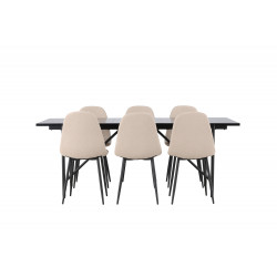 Pusdienu galds Astrid 200x75cm, Melns + 6 krēsli, Melns/bēšs Boucle 