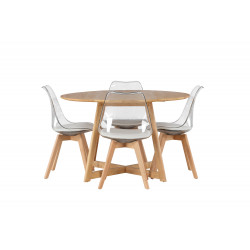 Pusdienu galds Yakidon, Wood+4 krēsli Edvin, Koks/Caurspīdīga plastmasa/Balts spilvens