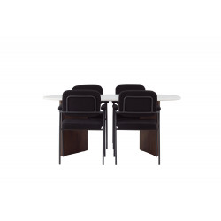 Pusdienu galds Grönvik 180x75cm, Tumši brūns/Balts+4 krēsli Vakar, Melns/Melns Boucle 
