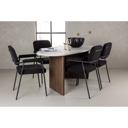 Pusdienu galds Grönvik 180x75cm, Tumši brūns/Balts+4 krēsli Vakar, Melns/Melns Boucle 
