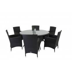 Pīts āra galds Volta 150 ø cm, Melns/stikls+ēdamistabas krēsls Malin 