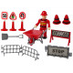Rotaļu ugunsdzēsēju mašīna ar ceļa zīmēm
