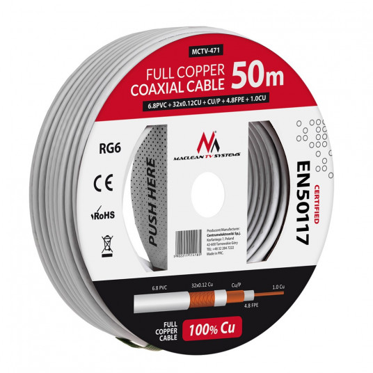 Maclean MCTV-471 koaksiālais kabelis RG-6/U 50 m Balts