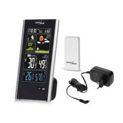 DCF bezvadu meteoroloģiskā stacija, spiediens, mēness fāzes, USB lādētājs GreenBlue GB520 melns
