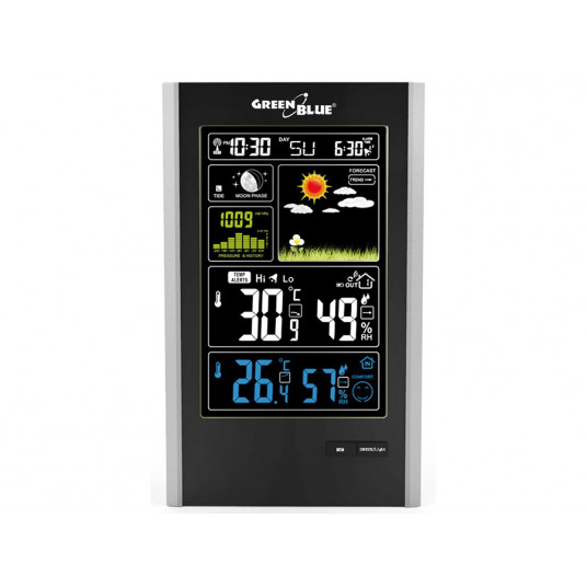 DCF bezvadu meteoroloģiskā stacija, spiediens, mēness fāzes, USB lādētājs GreenBlue GB520 melns