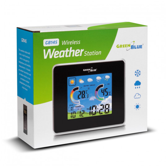 Meteoroloģiskā stacija, bezvadu IN/OUT, temperatūra, mitrums, barometrs, USB lādētājs, GreenBlue GB145, melns