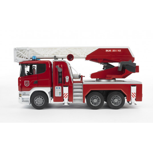 BRUDER 1:16 ugunsdzēsēju mašīna Scania R-Series ar pagriežamām kāpnēm un ūdens sūkni, 03590