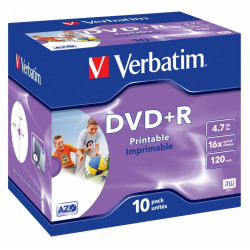 1x10 Verbatim DVD+R 4,7 GB Jewel 16x ātrums, drukājams