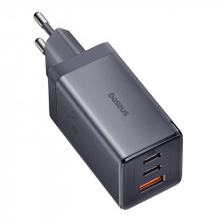Baseus GaN5, 2x USB-C + USB, 65 W + 1 m kabelis (pelēks)