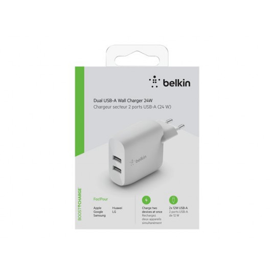 BELKIN Dual USB-A sienas lādētājs 12W X2 WHT