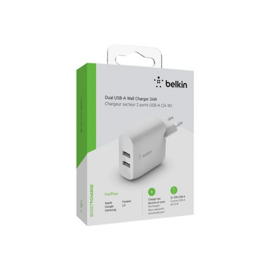 BELKIN Dual USB-A sienas lādētājs 12W X2 WHT