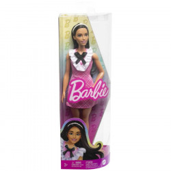 Lelle Barbie Fashionista ar melniem matiem un rūtainu kleitu
