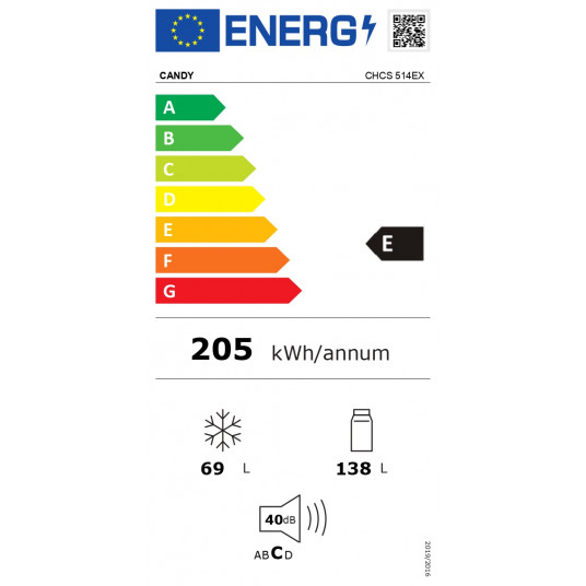 Candy | Ledusskapis | CHCS 514EX | E energoefektivitātes klase | Brīvi stāvošs | Kombinētais | Augstums 151 cm | Ledusskapja neto tilpums 138 L | Saldētavas neto tilpums 69 L | 40 dB | Nerūsējošais tērauds