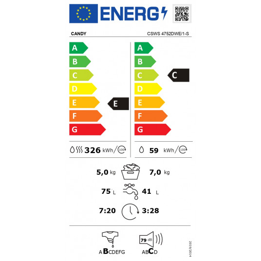 Candy CSWS 4752DWE/1-S Veļas mašīna ar žāvētāju, E, priekšējā iekraušana, dziļums 53 cm, mazgāšana 7 kg, žāvēšana 5 kg, balta