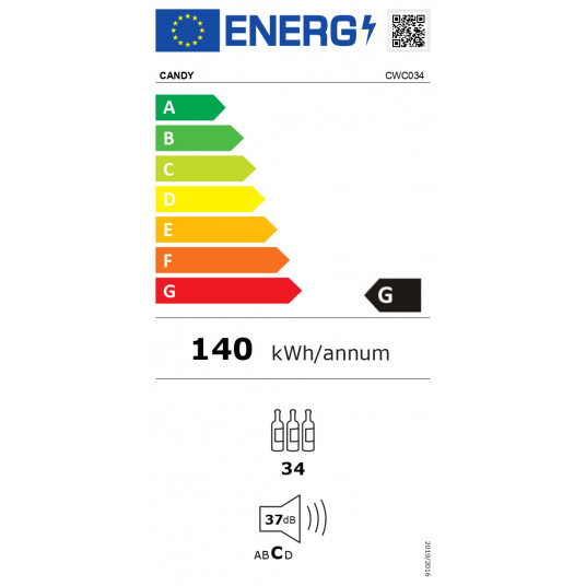 Vīna dzesētājs | 438063 | G energoefektivitātes klase | Brīvi stāvošs | 34 pudeļu tilpums | Melns