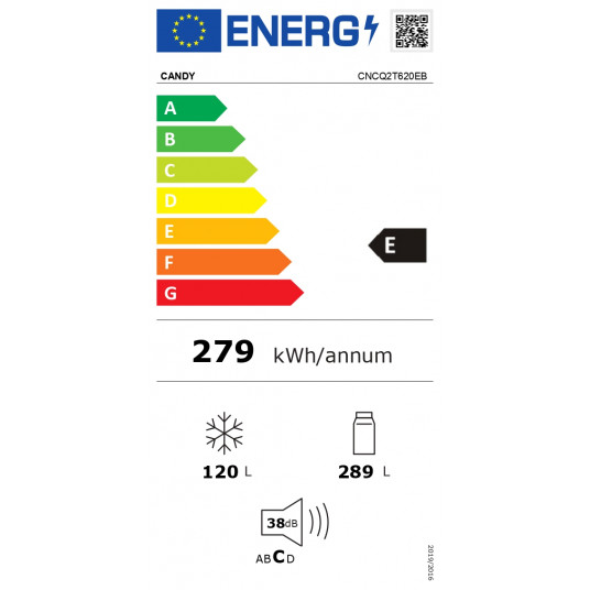 Ledusskapis | CNCQ2T620EB | E energoefektivitātes klase | Brīvi stāvošs | Kombinētais | Augstums 205 cm | Bez sasalšanas sistēmas | Ledusskapja neto tilpums 289 L | Saldētavas neto tilpums 120 L | Displejs | 38 dB | Melns