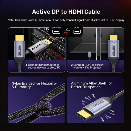 UNITEK KABELIS NO DISPLAYPORT 1.4 UZ HDMI 2.1, 8K, 1,8 M