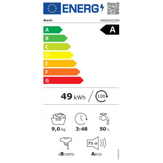 Bosch | Veļas mašīna | WGG242Z2SN | A energoefektivitātes klase | Iekraušana no priekšpuses | Veļas ietilpība 9 kg | 1200 apgriezienu minūtē | Dziļums 63 cm | Platums 60 cm | Displejs | LED | Tvaika funkcija | Balta