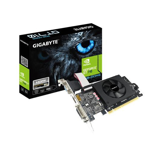 Videokarte | GIGABYTE | NVIDIA GeForce GT 710 | 2 GB | x64 | PCIE 2.0 8x | GDDR5 | atmiņa 5010 MHz | GPU 954 MHz | Single Slot Fansink | 1x15pin D-sub | 1xDVI | 1xHDMI | GV-N710D5-2GIL