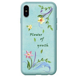 Devia Flower Embroidery Lanzh Silicone Back Case For Apple iPhone X / XS Green