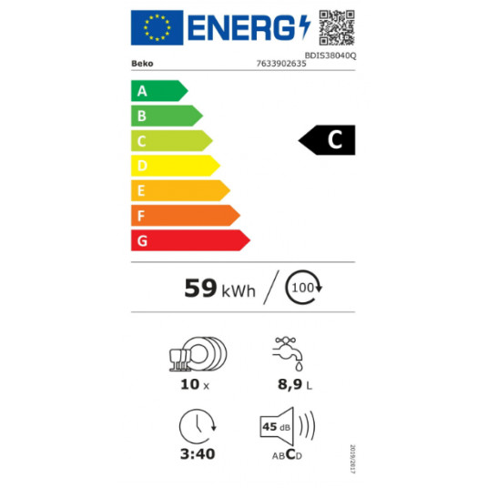 Iebūvējamā trauku mazgājamā mašīna BEKO BDIS38040Q