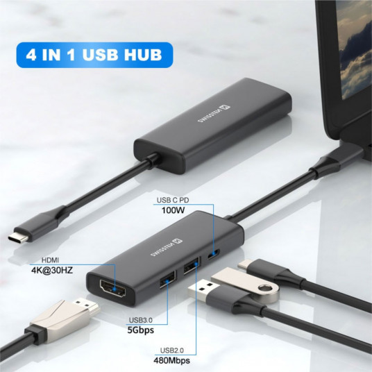 Swissten 4in1 USB-C Hub Multi-port laptop docking station 100W / HDMI 4K / 2x USB-A