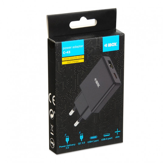 iBOX C-43 Slim GaN PD30W tīkla lādētājs, melns