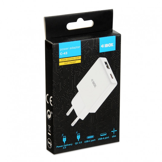 iBOX C-43 Slim GaN PD30W tīkla lādētājs, balts