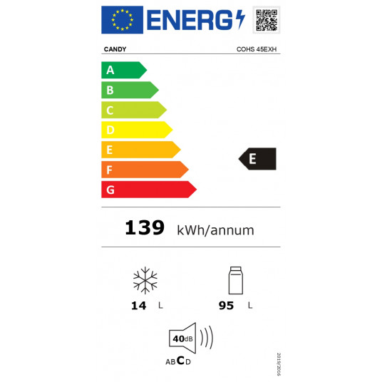 Konfektes | Ledusskapis | COHS 45EXH | Energoefektivitātes klase E | Brīvi stāvošs | Pieliekamais | Augstums 85 cm Ledusskapja neto tilpums 95 L | Saldētavas neto tilpums 14 L | 40 dB| Nerūsējošais tērauds