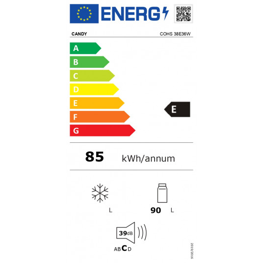 Konfektes | Ledusskapis | COHS 38E36W | Energoefektivitātes klase E | Brīvi stāvošs | Noliktava | Augstums 85 cm | Ledusskapja neto tilpums ir 90 L | 39 dB| Balts