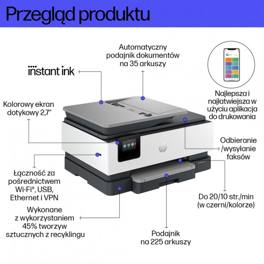 HP OfficeJet Pro HP 8132e daudzfunkcionālais printeris, krāsains, printeris mājai, drukāšana, kopēšana, skenēšana, fakss, HP Instant Ink eligible; automātiskais dokumentu padevējs; skārienjūtīgais ekrāns; klusais režīms; drukāšana caur VPN ar HP+