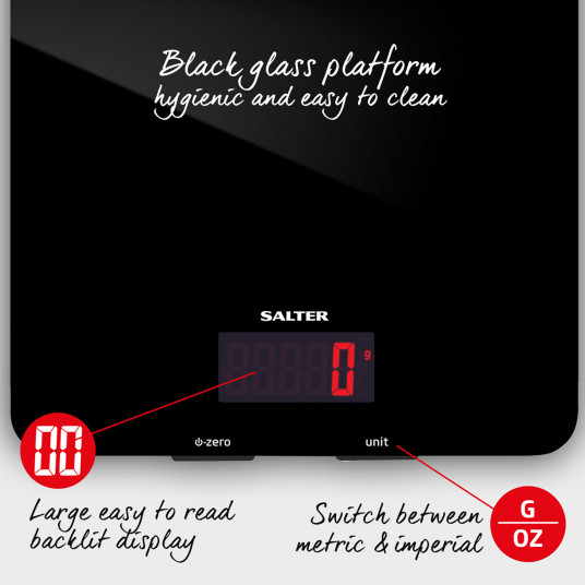 Salter 1150 BKDR 5kg Glass Electronic Kitchen Scales - melns