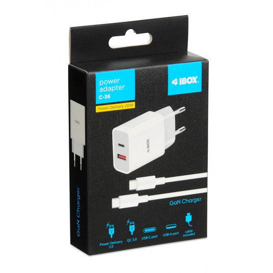Ceļojumu lādētājs iBOX C-36 GaN PD20W, balts