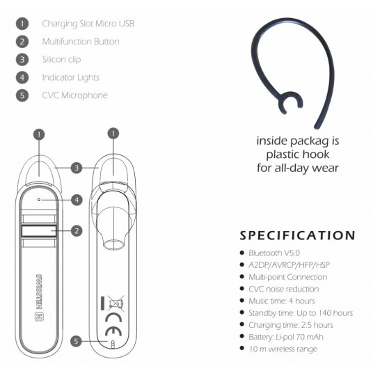 Swissten Caller Bluetooth HandsFree Headset with MultiPoint / CVC Noise Reduction