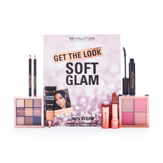 Get The Look - Soft Glam Set Makeup Revolution: Satin Kiss, Cream Lipstick, Chauffeur, 3.5 g + Satin Kiss, Lip Liner, Chauffeur, 1.15 g + Ultimate Eye Base, Eye Primer, 15 ml + Soft Glam, Eyeshadow Palette, 9 Shades, 9 g + Soft Glam, Face Palette, 4 g + S