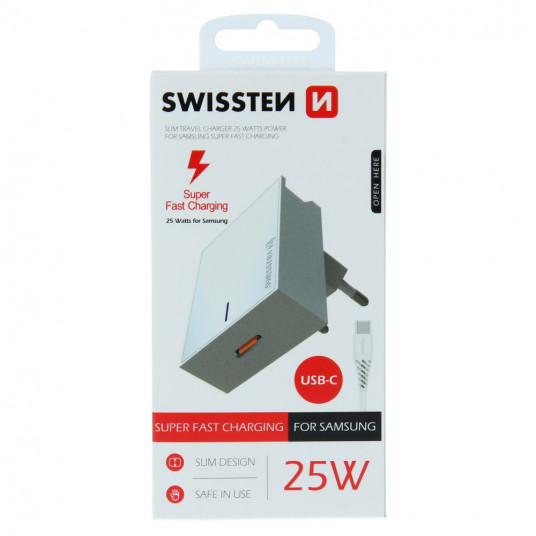 Swissten Premium 25W Samarng arper Fast Charging Travel charger with 1.2m USB-C to USB-C cable White