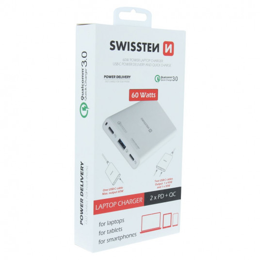 Swissten Travel Charger Notebooks and MacBook / 60W / PD3.0 / QC3.0 / PPS / White
